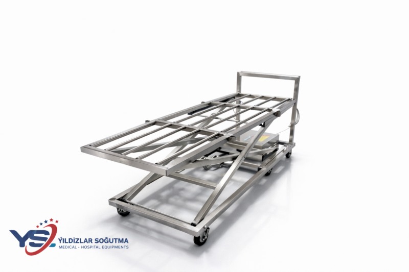 Cenaze kaldırma lifti fiyatları. Yandan yüklemeli morg dolapları ile uyumlu elektrikli morg transfer sistemi.